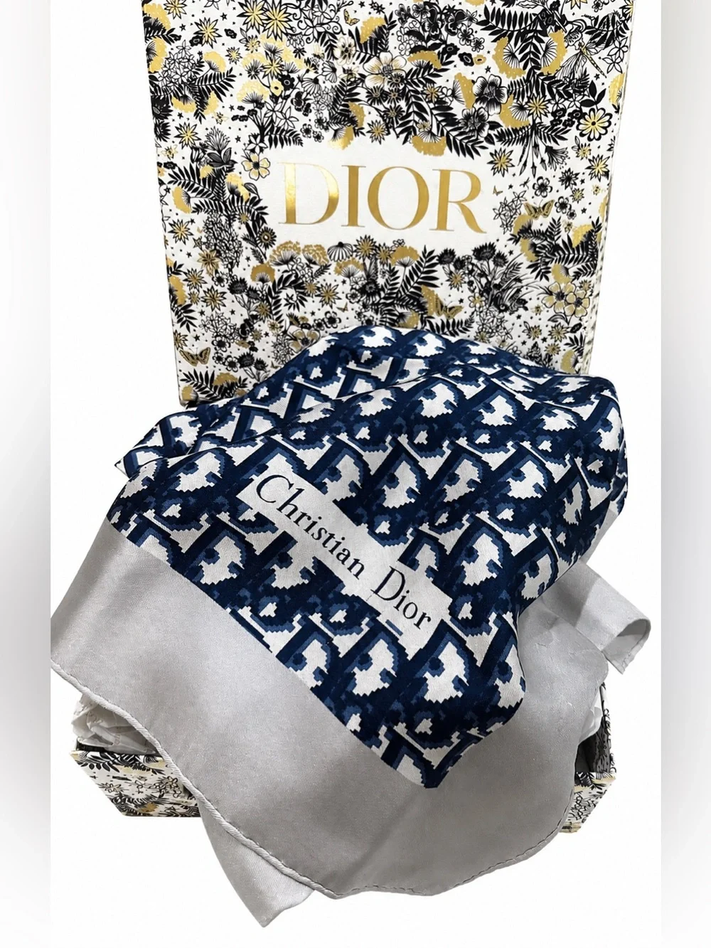 Christian Dior Vintage Silk Blue Oblique Monogram Scarf w/ box